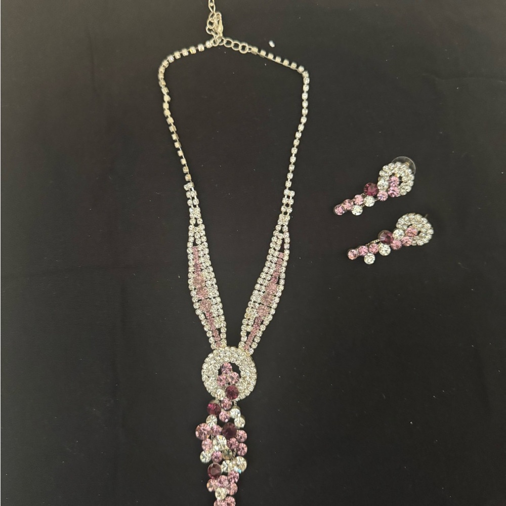 Elegant Pink and Silver Necklace and Earring Set